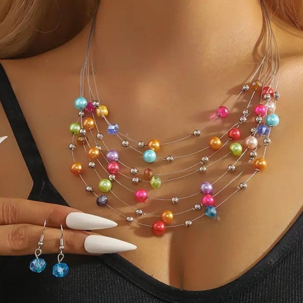 Multi-Color Beaded Layered Necklace Set - Elegant Statement Jewelry